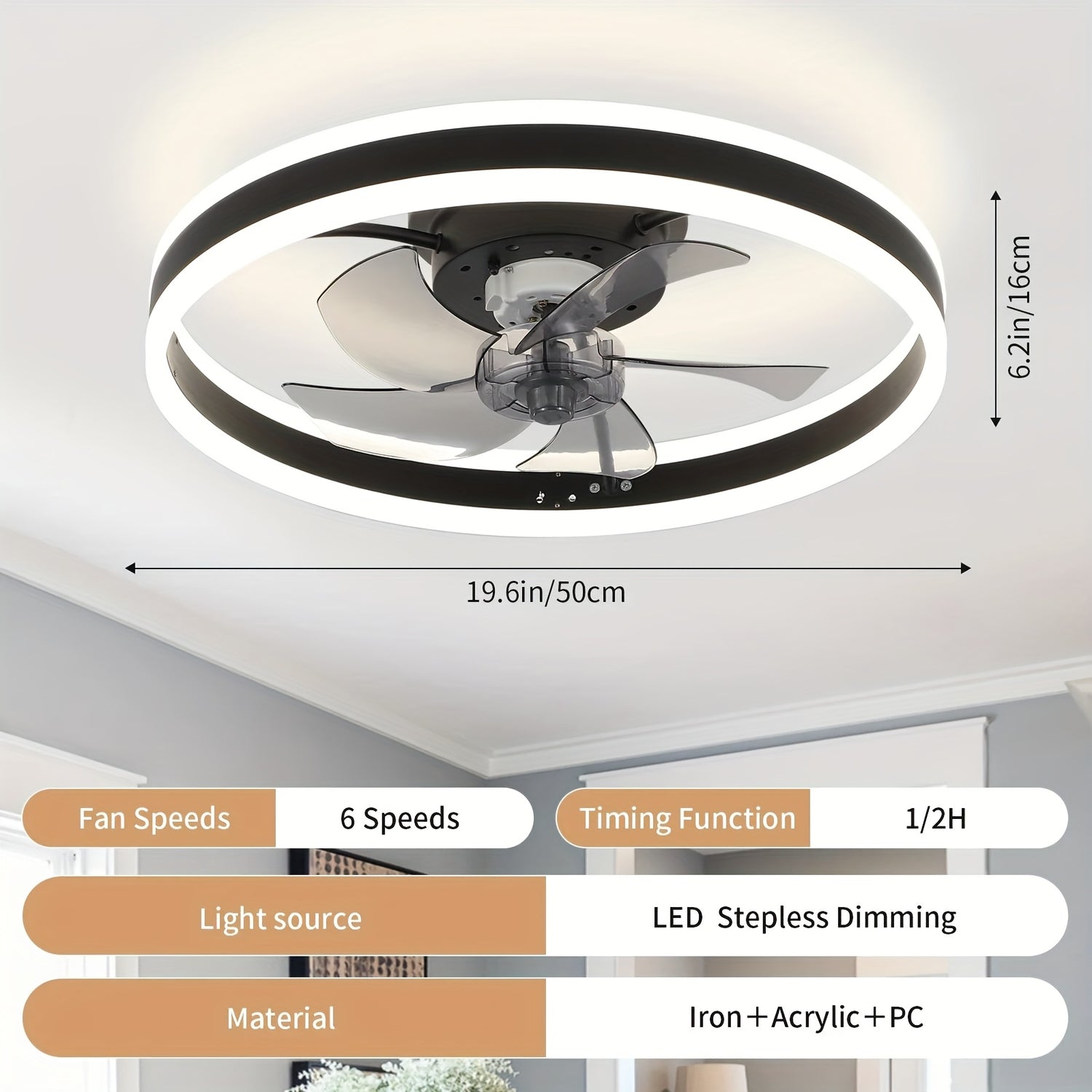 49.78cm LED Ceiling Fan with Light and Remote Control, 3-Color Dimmable Lighting, 6-Speed Adjustable Fan, Modern Design for Bedroom and Home Decor, Fan for Bedroom