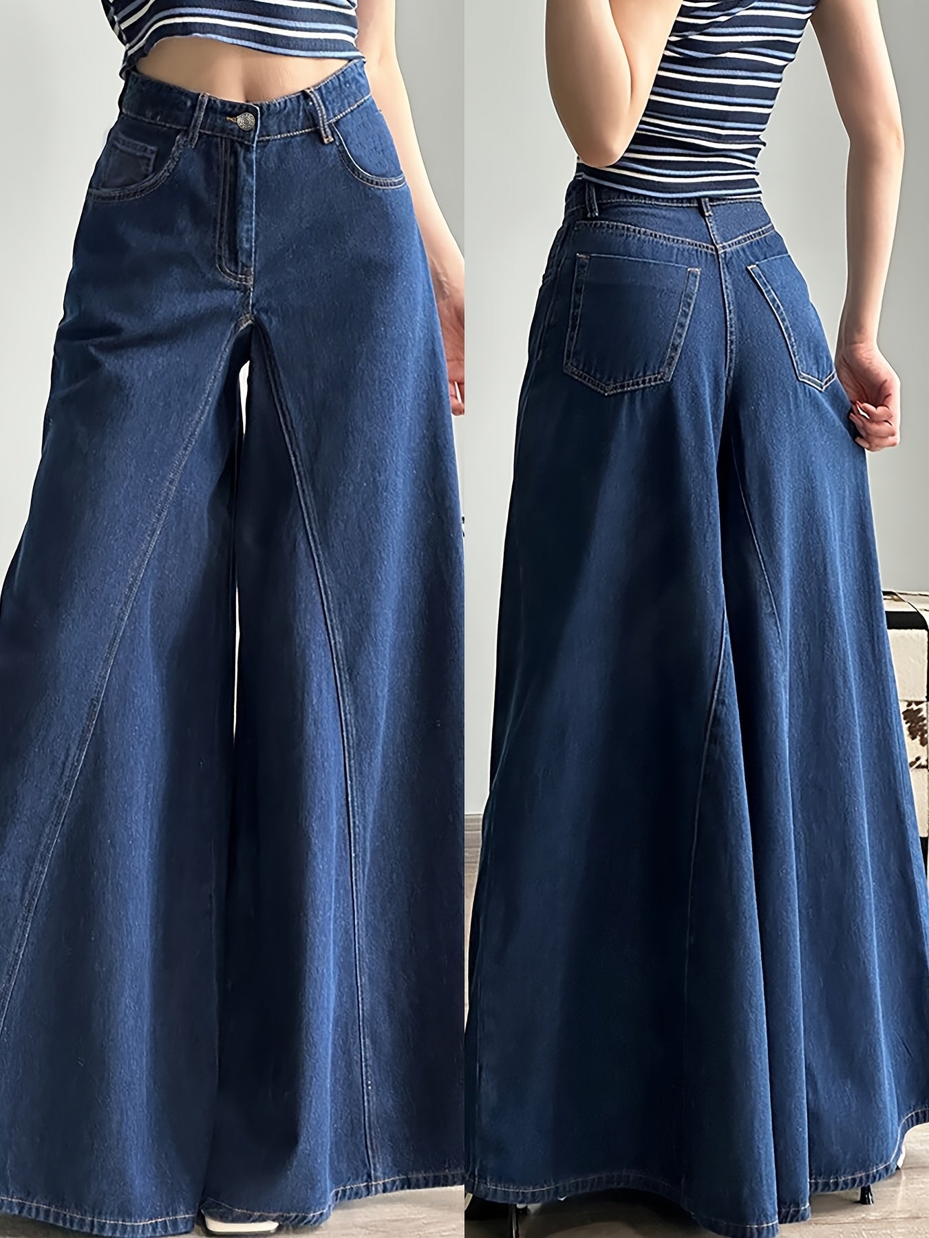 [1pc Women'S Wide Leg Denim Pants] 1pc Women'S Casual High-Waist Wide Leg Denim Pants, 100% Blend, Non-Stretch, Solid Color, All-Season, Woven Fabric, 360g/m² - Classic Fit Jean Trousers