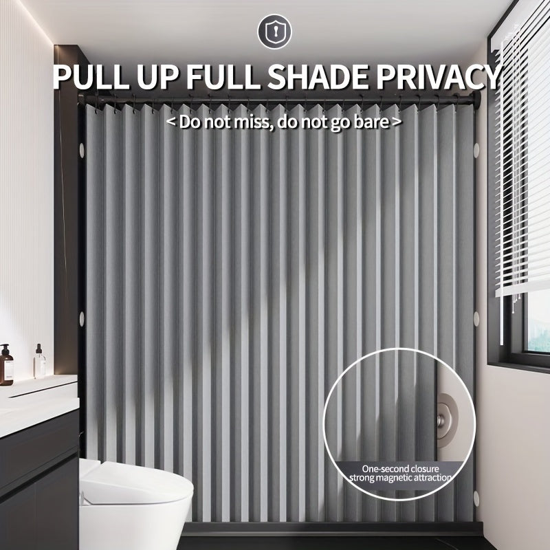 Waterproof Gray Foldable Privacy Shower Curtain with Magnetic Attachment, Polyester Wave Screen, Black Hooks Included, Machine Washable for All Seasons